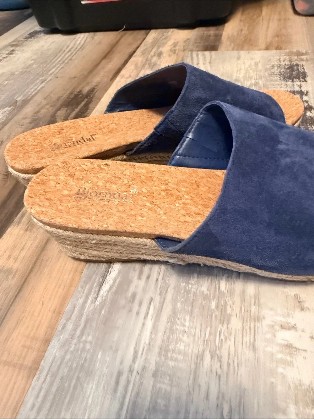 Bjorndal Navy Suede Slip On w/ Cork Wedge Espadrille Sandals EUC